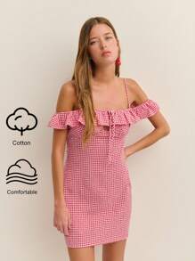 Nöista Bardot Mini Dress For Women Gingham Casual Daily Fashion Spring Summer Vacation - Red and White - View 1