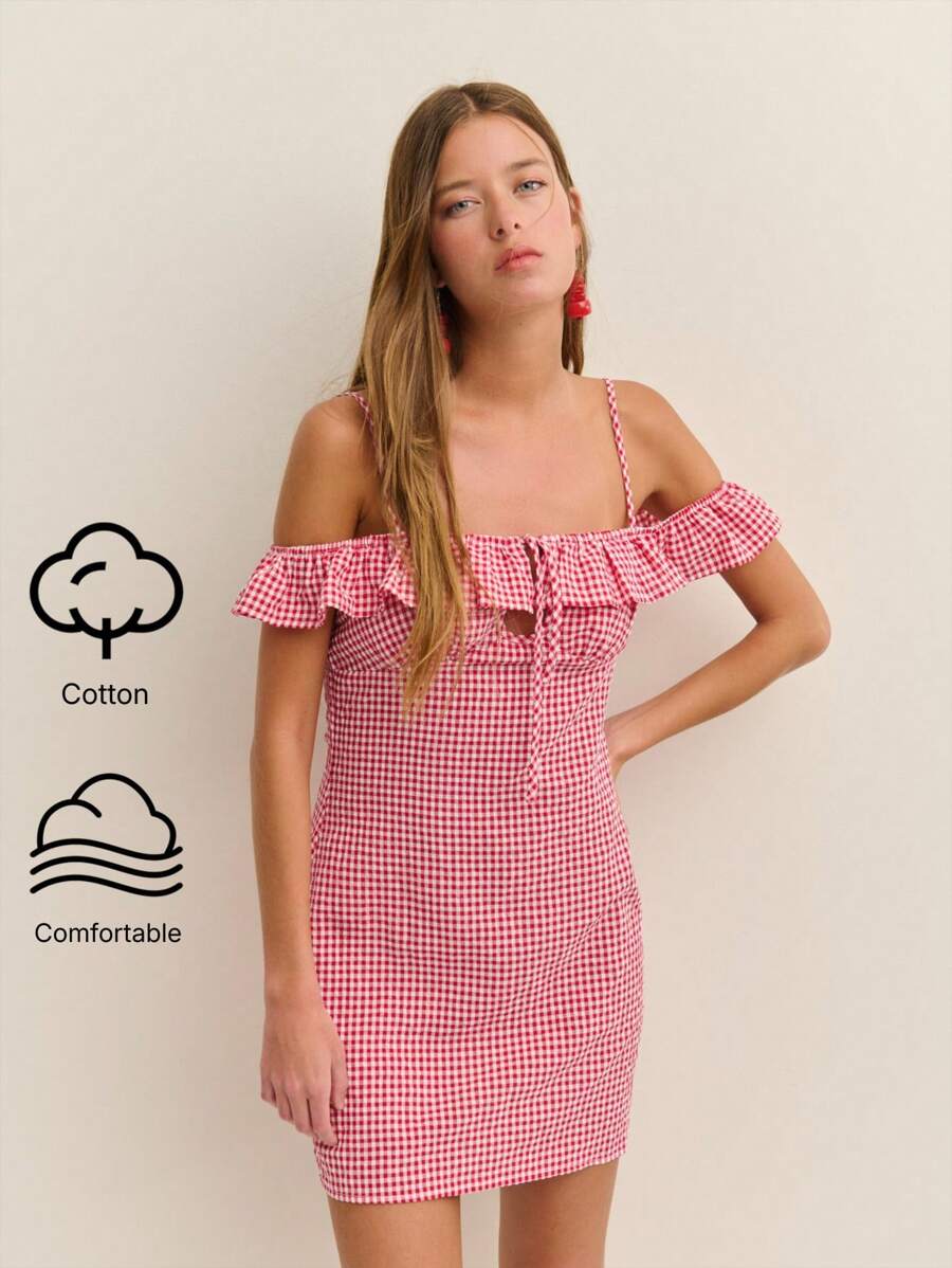 Nöista Bardot Mini Dress For Women Gingham Casual Daily Fashion Spring Summer Vacation - Red and White - View 1