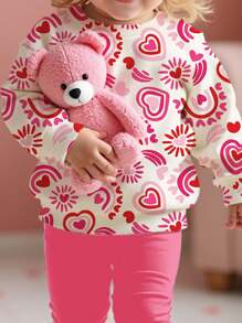 SHEIN Valentine's Day, Cute Heart Print, Baby Girl Casual Knit Soft Thick Crew Neck Long Sleeve Sweatshirt And Leggings Set - Multicolor - View 3
