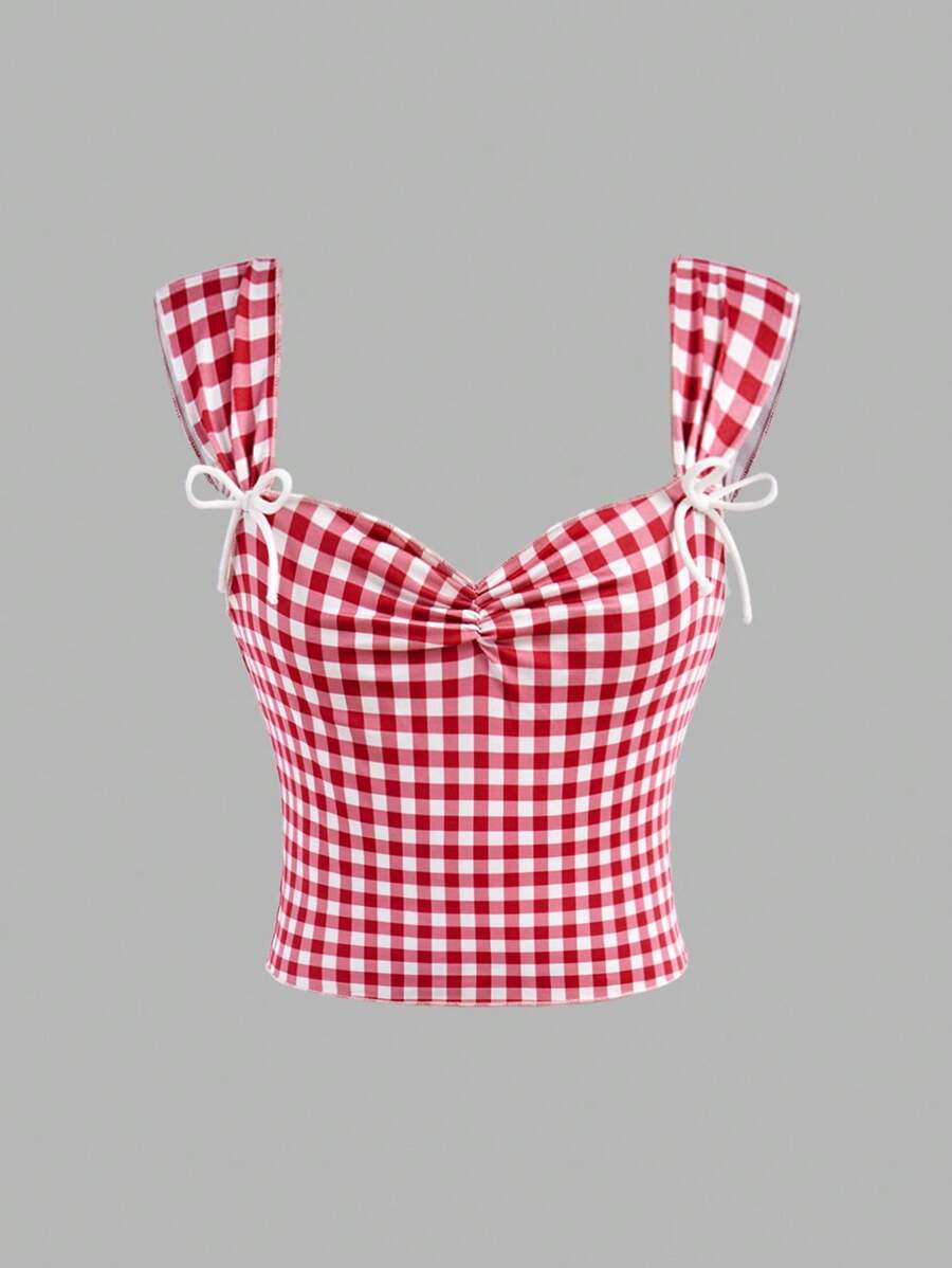 SHEIN Girlism Tween Girl Red Plaid Vacation Casual Sleeveless With Sweetheart Neckline And Knotted Bow Front Cropped Wide Straps Top Gingham Crop Top Red And White Gingham Top - Red - View 1
