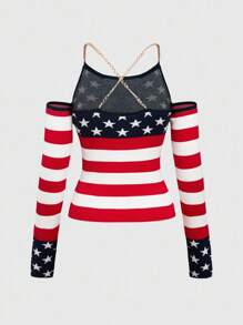 ROMWE J-Fashion Vintage American Flag Patchwork Cropped Pullover Sweater For Women Knit Pullover Fall Winter - Multicolor - View 2