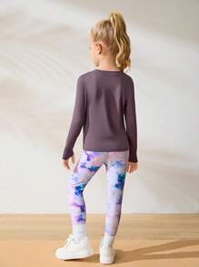 SHEIN Young Girls Activewear Sets - Long Sleeve Tee And Printed Leggings, Comfortable Stretchy Fabric, Suitable For All Seasons - Multicolor - View 2