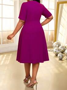 SHEIN Lady 春夏秋冬优雅朴素派对婚礼鸡尾酒会情人节音乐会/音乐节办公室紫色针织不对称领口喇叭褶饰腰带中长袖加大码连衣裙