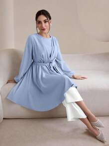 Graceveil 女士优雅纯色灯笼袖不对称下摆衬衫朴素 - 藍色 - 查看 9