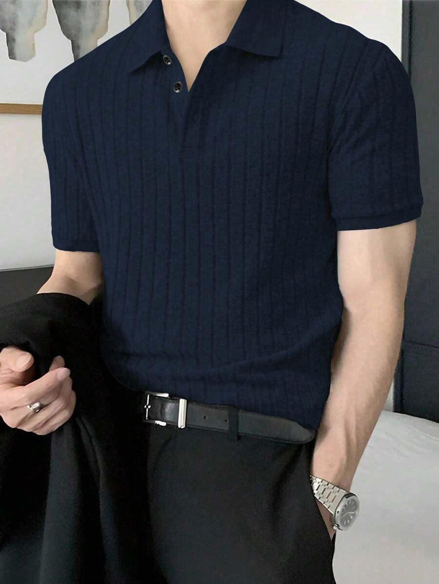 Manfinity Homme Men's Summer Solid Color Short Sleeve Casual Office POLO Shirt Men Ribbed Polo Shirt Men Knit Polo Men Navy Blue Polo Shirt - Navy Blue - View 1