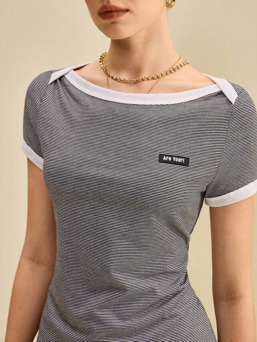 SHEIN Unity 女士弹力条纹T恤,撞色滚边,返校办公两相宜 - 彩色 - 查看 1