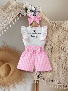 SHEIN Vintaside Kids Baby Girl Slogan Printed Ruffle Hem Top And Checked Shorts Set - Multicolor - View 7