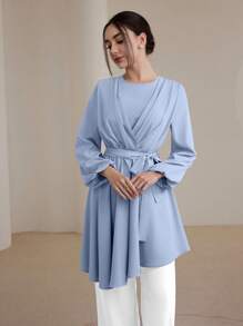 Graceveil 女士优雅纯色灯笼袖不对称下摆衬衫朴素 - 藍色 - 查看 5