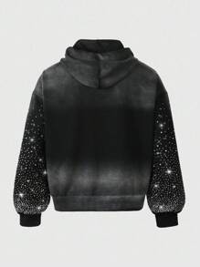 ROMWE MEN Street Life Sudadera con capucha para hombre con bordado de rhinestones y efecto lavado desteñido - Negro - Ver 5
