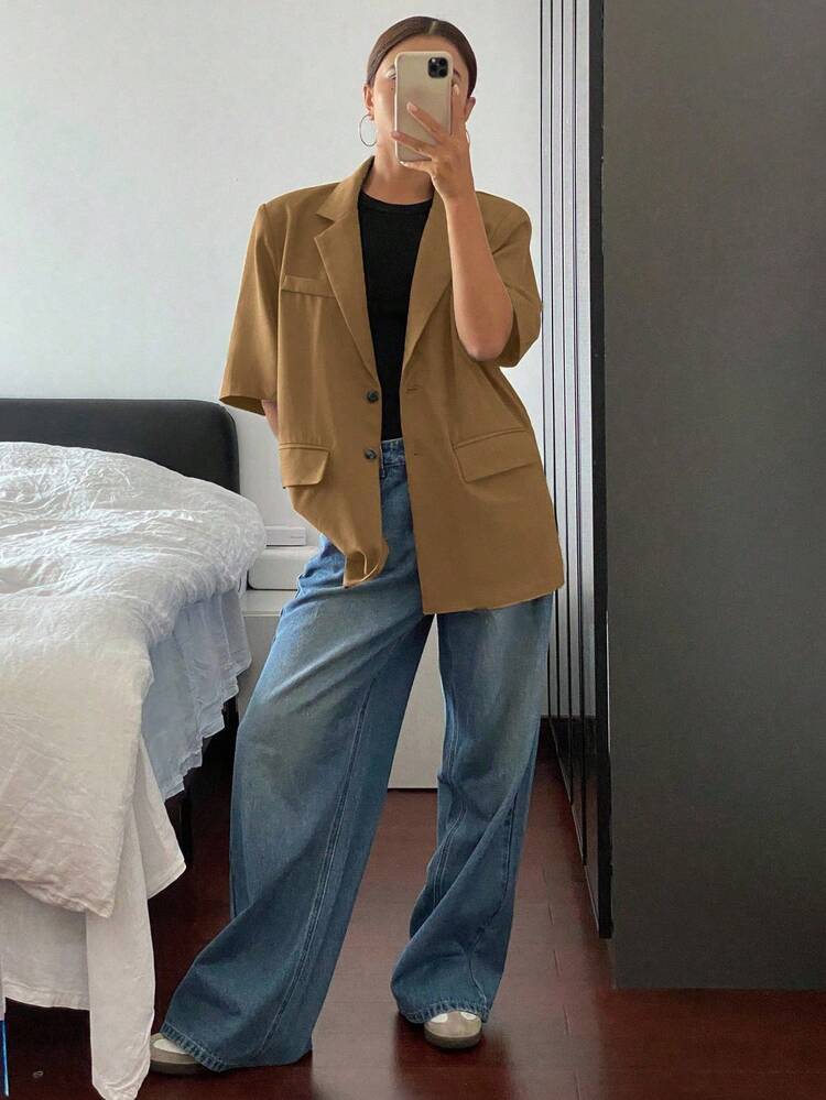 DAZY Blazer informal de mujer de manga corta con un solo botón y bolsillo, atuendo de negocios para otoño/invierno - Verde - Añade 5