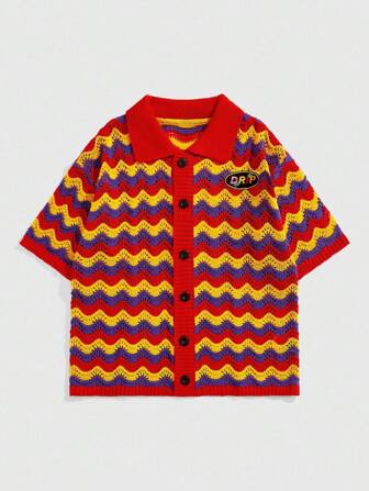 Street Life Men's Loose Knitted Shirt, Knitted Short Sleeve Top