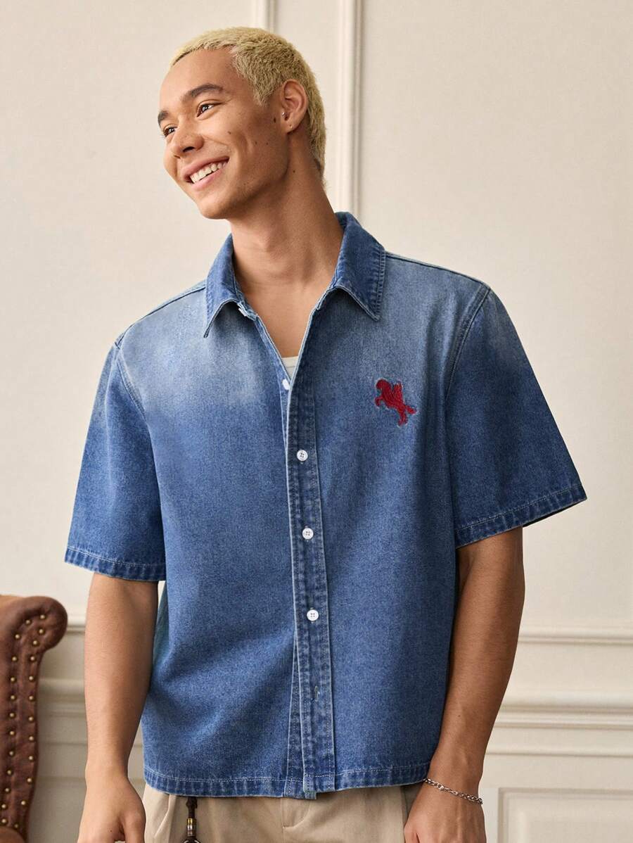 SWAVVY Men's Woven Casual Loose Short Sleeve Denim Shirt, Fashion Daily Wear