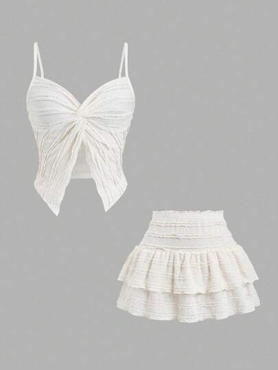 Sweetra 法式甜美荷叶边吊带背心扭结上衣搭配双荷叶边下摆 A 字迷你裙 2 件套女士春夏