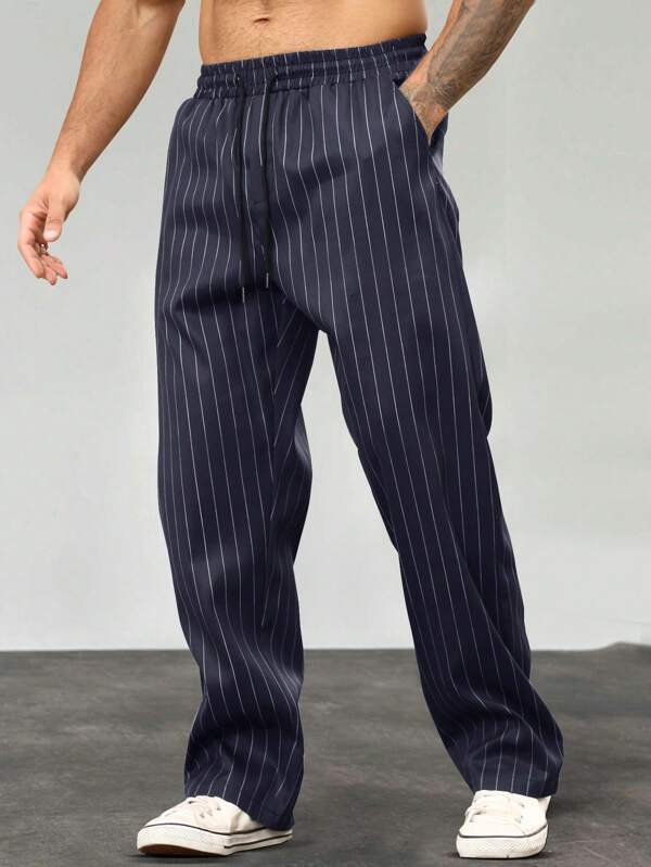 Manfinity Homme Men's Casual Striped Trousers, Fashion Pants Mens Pinstripe Pants Mens Navy Blue Pinstripe Pants