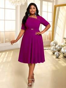 SHEIN Lady 春夏秋冬优雅朴素派对婚礼鸡尾酒会情人节音乐会/音乐节办公室紫色针织不对称领口喇叭褶饰腰带中长袖加大码连衣裙