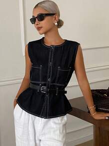 Livesso Women's Summer Sleeveless Round Neck Denim Blouse - Blue - View 6