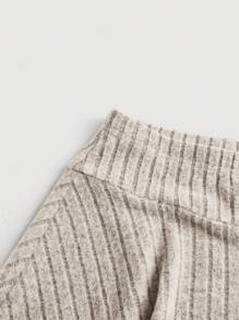 SHEIN 青少年女孩针织罗纹单肩不对称摆动修身上衣和高腰 A 字裙休闲套装 - 杏色 - 查看 10