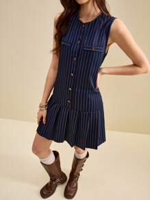 Muvela 女士条纹短裙 返校服 学院风连衣裙 女士细条纹连衣裙 女士褶皱迷你连衣裙 女士翻领连衣裙 女士纽扣连衣裙 条纹连衣裙 - 藏蓝色 - 查看 7