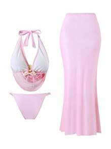 Swim Oasis 3pcs/Set Women's Vacation Floral Swimwear, Fashion Sexy Deep Draped Neck Strap Halter Bikini Cropped Top & Mini Skirt Set For Summer - Pink - View 3