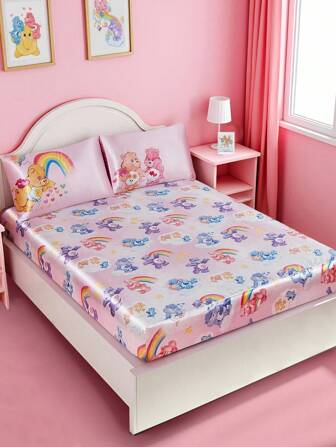 SHEIN X Care Bears 1pc Seersucker Fitted Sheet, Breathable & Comfortable, Cloud, Rainbow, Teddy Bear Print, Twin/Queen/King/California King Sized Bed