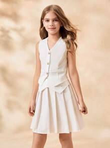 SHEIN 青少年女孩优雅时尚 V 领无袖束腰不对称下摆白色无袖衬衫和松紧腰短褶裙套装 - 白色 - 查看 5
