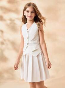 SHEIN 青少年女孩优雅时尚 V 领无袖束腰不对称下摆白色无袖衬衫和松紧腰短褶裙套装 - 白色 - 查看 3