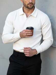 Manfinity Homme Men's Simple Casual Plain Ribbed Long Sleeve Polo Shirt Men White Long Sleeve Ribbed Polo Shirt,Fall