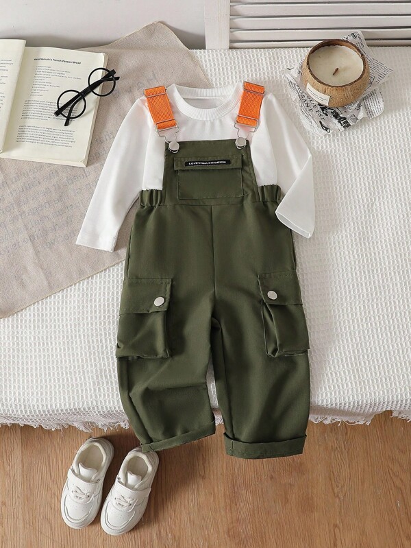 SHEIN 1PC Baby Boy's Solid Green Overall Pants, Adorned With Playful Letter Prints, Comfortable Design. Suitable For Outdoor Play, Casual Homewear, Sports Activity, Party Events, A Fashionable Choice For Baby All Year Round Toddler Boy Overalls Baby Boy Overall Set Dark Green Outfit For 1 Year Old Boy Baby Boy Cargo Pants Boy Overalls Boy Romper 6M-3T