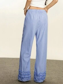 Rina Fox Blue & White Striped Floral Lace Trim Wide Leg Pants For Women, Summer Casual Fall Cloth For Women - Blue and White - View 2