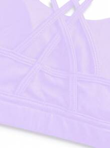 SHEIN Top sport elastic pentru fete Tween, cu bretele încrucișate la spate cu model yoga scene, sutien sport cu căptușeală detașabilă, absorbție a umezelii și transpirație - Violet - Vizualizare 5