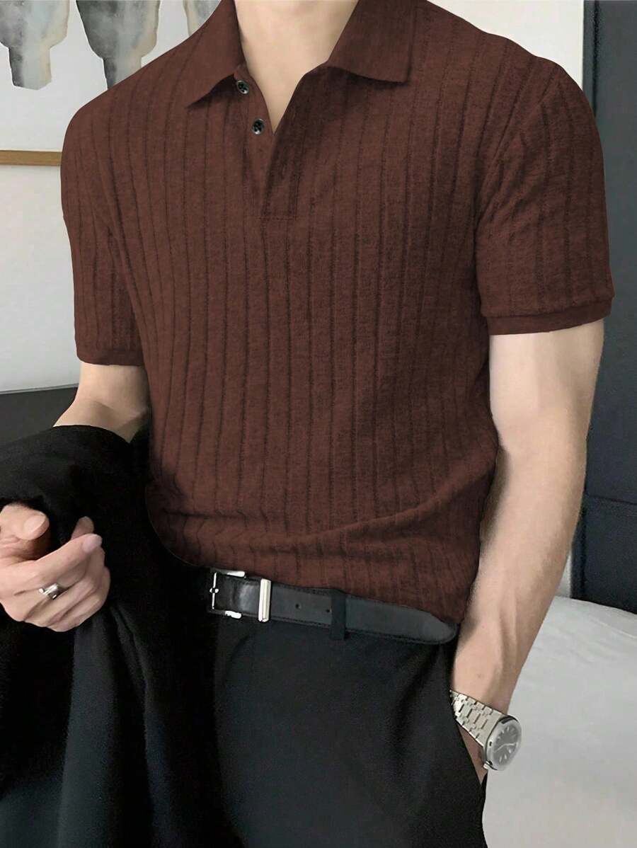 Manfinity Homme 男士纯色短袖休闲/商务 POLO 衫，夏季男士罗纹 Polo 衫男士棕色针织上衣男士平纹 Polo 衫