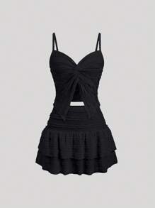 Sweetra 2pcs Women Frill Trim Cami Top And Frill Trim A-Line Mini Skirt Set, Spring/Summer - Black - View 3
