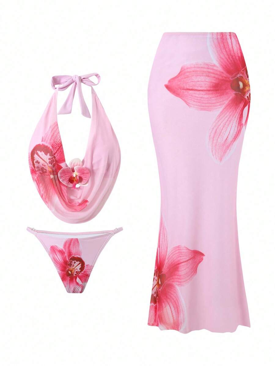 Swim Oasis 3pcs/Set Women's Vacation Floral Swimwear, Fashion Sexy Deep Draped Neck Strap Halter Bikini Cropped Top & Mini Skirt Set For Summer - Pink - View 1