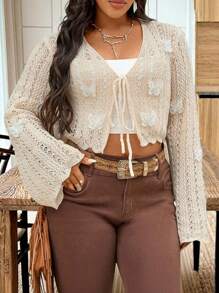 SHEIN LUNE 大码女式纯色针织 3D 蝴蝶镂空系带长袖短款休闲开衫，春夏 - 杏色 - 查看 1