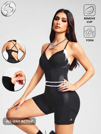 Innovista Woman Luxury Tonal Shimmer Mixed Workout Jumpsuit With Built-In Bra Removable Pads Glossy Athletic Stretchy Yoga Gym Romper One Piece Exercise Suit Backless With Mesh Cutout Breathable Fall Sports Jumpsuit Tummy Control Boosting Design Daily Athleisure Overall Clothes Y2k Style Work From Home Running Biker HIIT Training Comfort Movement Cardio Cycling