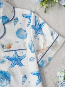 2 件夏季女童缎面贝壳蝴蝶结装饰短袖开衫和短裤套装，度假风格家居服返校女童服装女童夏季服装返校服校服学校用品书包 - 彩色 - 查看 7