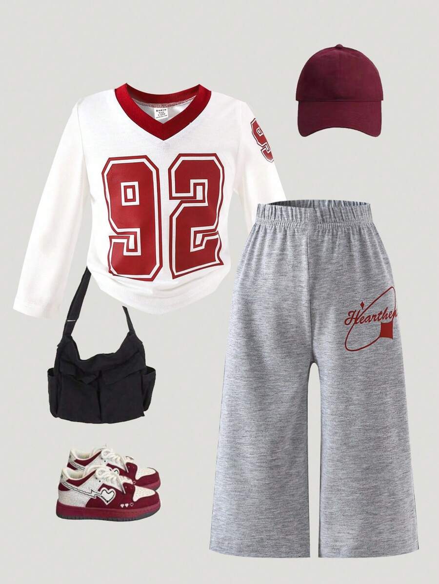 SHEIN 2 件套女婴休闲 V 领字母图案长袖针织上衣和直筒印花裤套装，秋冬 - 彩色 - 查看 1