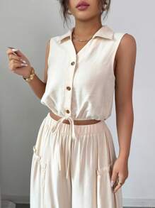 SHEIN PETITE 1 Set Women's Casual/Commuting Textured Apricot Collared Sleeveless Belted Shirt + Women's Casual/Commuting Textured Apricot Ruffled Faux Pocket Wide-Leg Pants, Spring/Summer