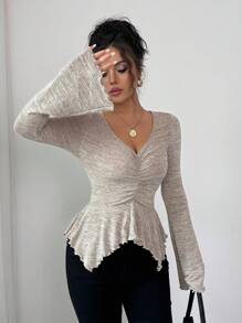 Selianne 女式 V 领不对称下摆喇叭袖荷叶边优雅浪漫度假通勤 T 恤，秋季 - 卡其色 - 查看 3