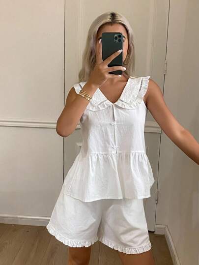 DAZY 2 件套女士休闲花卉刺绣无袖上衣和宽松短裤、运动套装睡衣