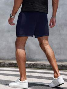 Manfinity Homme 男士休闲纯色仿麻冰丝短裤夏季男短裤男夏季短裤男休闲短裤男抽绳短裤 - 藏蓝色 - 查看 2