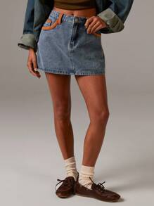 Athîral Women's Suede Trim Casual Denim Mini Skirt,Back To School, Streewear Women,Vintage Style,Four Seasons, Western Wear Women - Blue - View 6