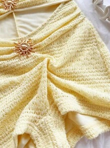 Soleia Women's Vacation White Knit Texture Metal Accessory Decor Slim Jumpsuit, Suitable For Party, Date, Afternoon Tea, Music Festival, Beach, Cruise, Summer Outfit One Piece Playsuit Yellow Playsuit