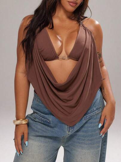 Rustia Women Y2K Style Plunging Neck Bustier Bra Top, Backless Spaghetti Strap Crop Tops Outerwear