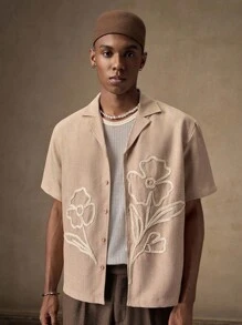 AKNOTIC Business Casual 男士白色花卉刺绣卡其色休闲修身短袖 Polo 衫，适合夏季、秋季、度假、日常穿着、派对、情侣装、男士礼物 - 棕色 - 查看 4