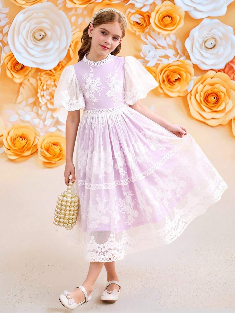 SHEIN 青少年女孩编织网眼刺绣蕾丝花边褶饰荷叶边短袖松紧腰优雅花卉印花 A 字裙，公主裙，适合派对、舞会、节日聚会、春季旅行、花童裙 - 淡紫色 - 查看 1