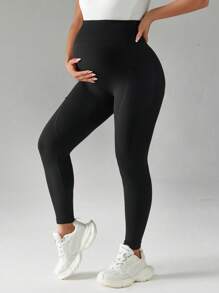 SHEIN Maternity Solid High Waist Seamless Leggings - Black - View 5