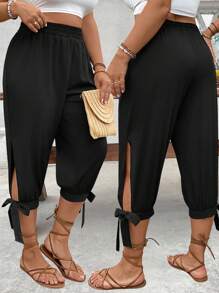 EMERY ROSE Plus Size High Waist Draw String Capri Pants, Spring & Summer - Black - View 1