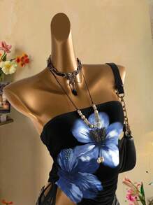 Attitoon Atasan Tube Top Wanita dengan Detail Kerut dan Ikatan di Depan, Motif Bunga, Gaya Liburan Pantai Goth, Cocok untuk Pergi Keluar - MultiWarna - View 7