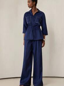 Aveloria Modichic 女士夏季两件套休闲宽松收腰设计 V 领 3/4 袖上衣搭配长裤套装 - 藏蓝色 - 查看 5